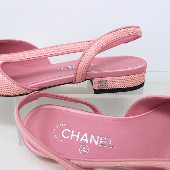 CHANEL 37.5 Pink Sequin Slingback 24P Interlocking CC Logo - Picture 10 of 14